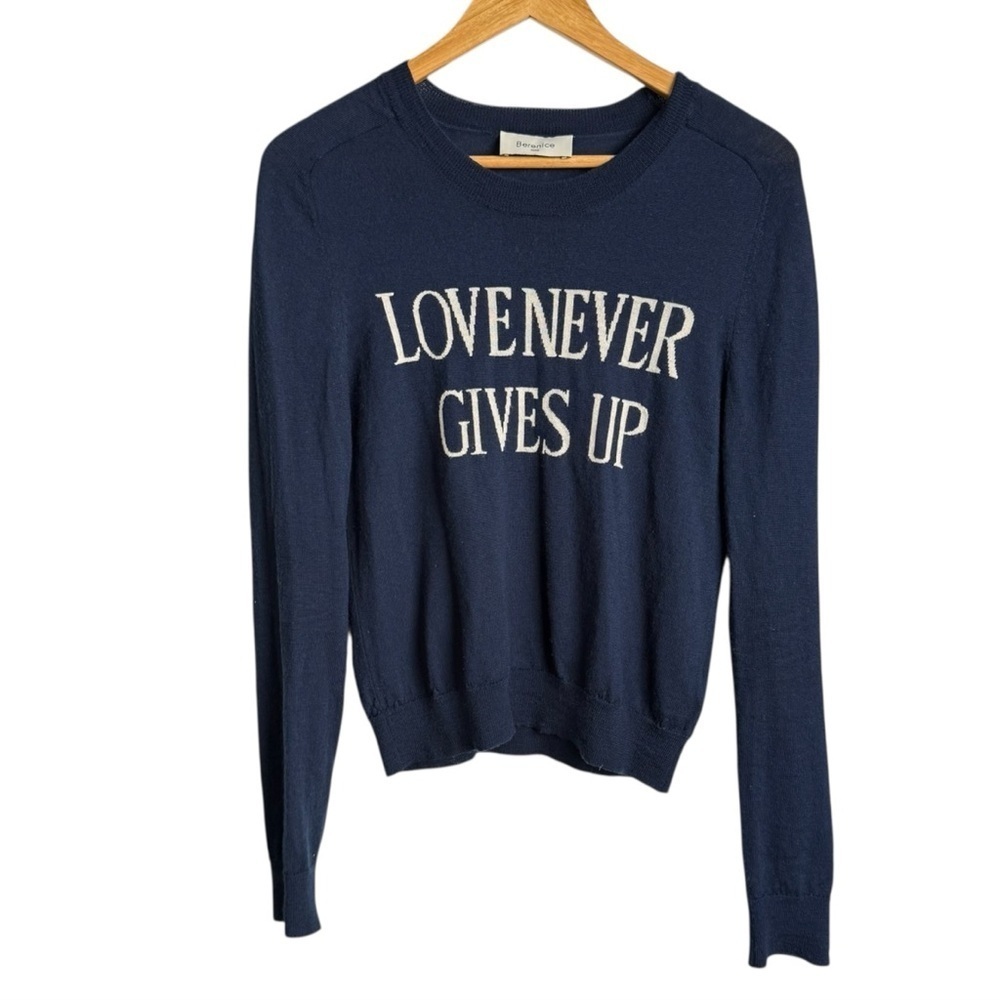 Berenice Merino Wool Fine Knit Sweater Size XS Navy Love Never Gives Up Intarsia